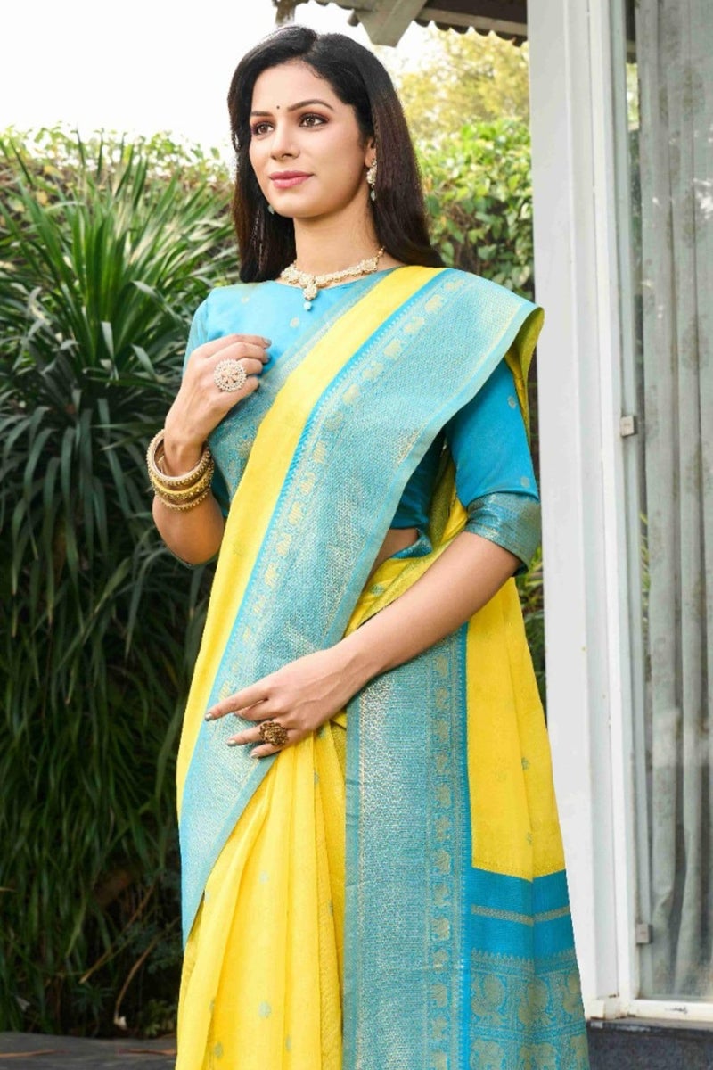 SGF11 Women's Kanjivaram Soft Cotton Linen Silk Saree With Unstitched Blouse Piece (Yellow Blue) - Image 4