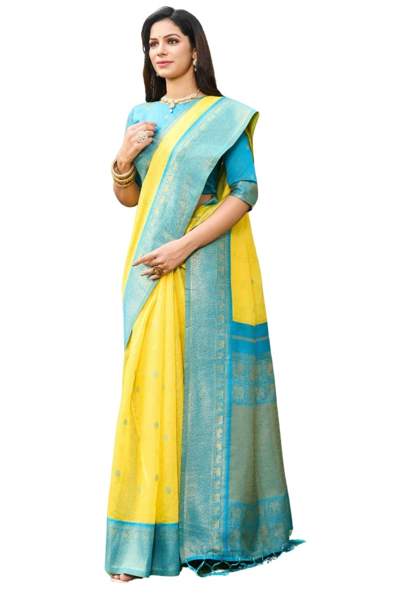 SGF11 Women's Kanjivaram Soft Cotton Linen Silk Saree With Unstitched Blouse Piece (Yellow Blue) - Image 1