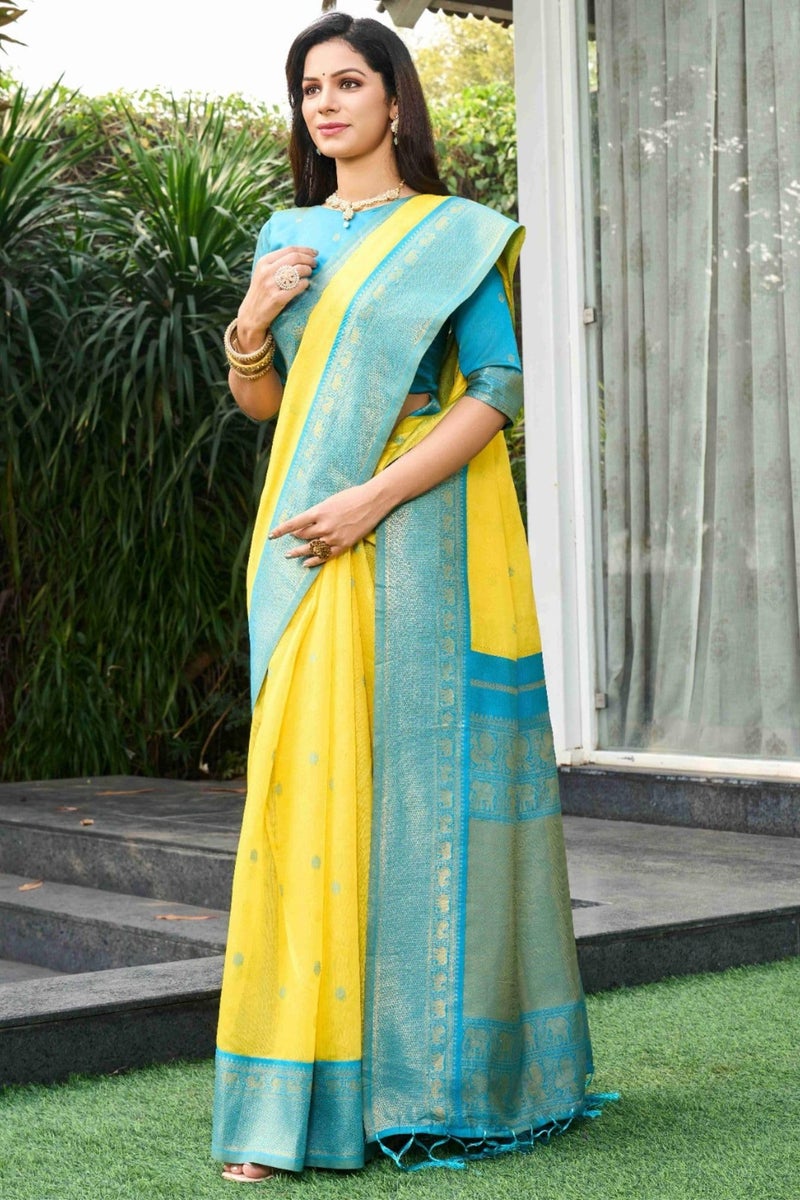 SGF11 Women's Kanjivaram Soft Cotton Linen Silk Saree With Unstitched Blouse Piece (Yellow Blue) - Image 2