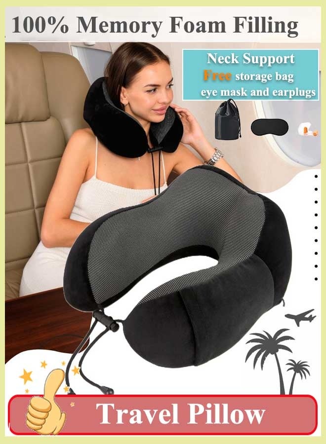 Travel Pillow 100% Memory Foam Pillow, Soft Airplane Travel Pillow with 360° Head Support, Lightweight Quick Pack for Airplane Train Car Bus, 30x30x12cm(Black)  - Image 1