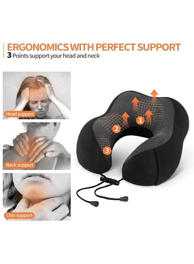 Travel Pillow 100% Memory Foam Pillow, Soft Airplane Travel Pillow with 360° Head Support, Lightweight Quick Pack for Airplane Train Car Bus, 30x30x12cm(Black)  - Image 3