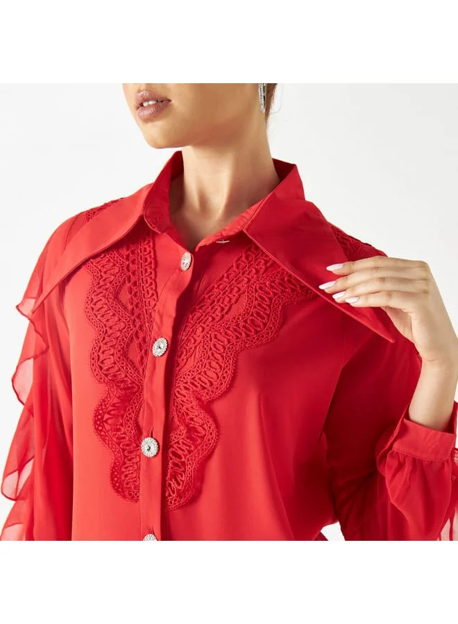 2Xtremz 2Xtremz Lace Detail Shirt with Oversized Collar and Ruffled Sleeves