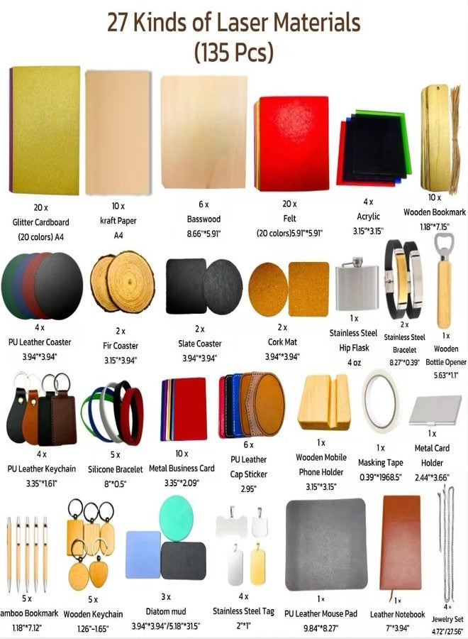 Mroy mio 135 PCS Laser Engraving Material Kit, 27 Kinds Laser Engraver Blanks for Laser Crafting, Includes Wood, Acrylic, Fabric, Rock, PU Leather, Diatom Mud Materials - Image 2