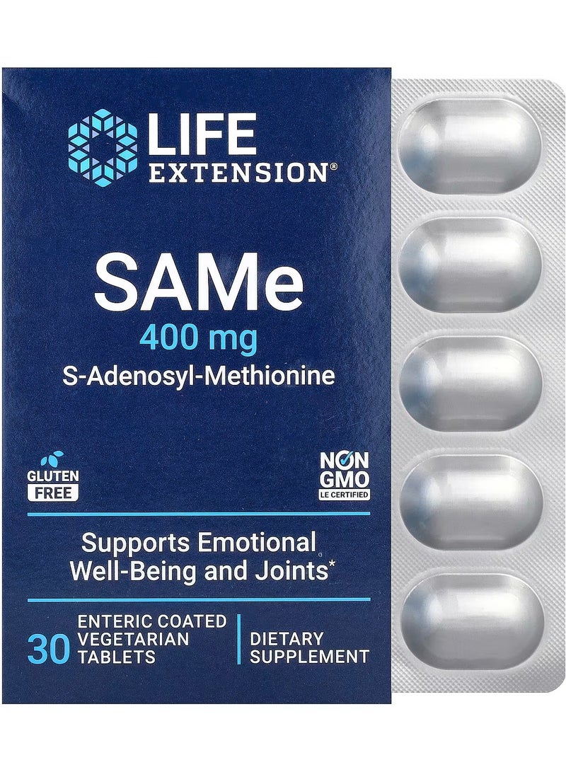 Life Extension, SAMe, S-أدينوسيل-ميثيونين، 400 ملغ، 30 قرصًا نباتيًا مغلفًا معويًا