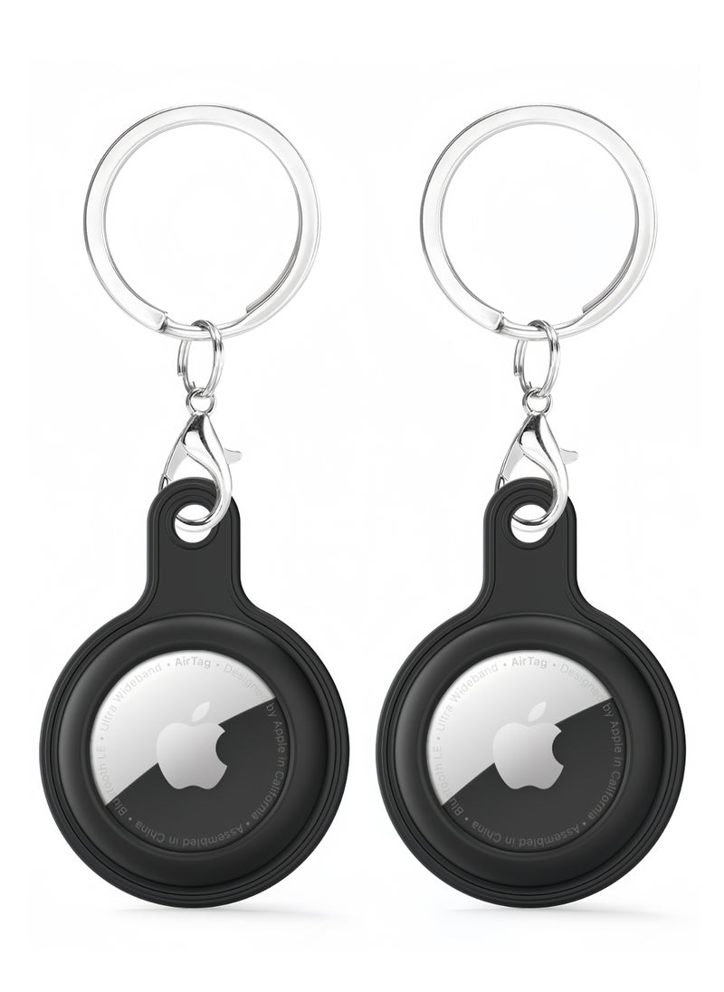 2-Pack AirTag Holder Soft Silicone Case with Keychain Accessories for Easy Attachment to Wallets Keys and Pet Collars Black
