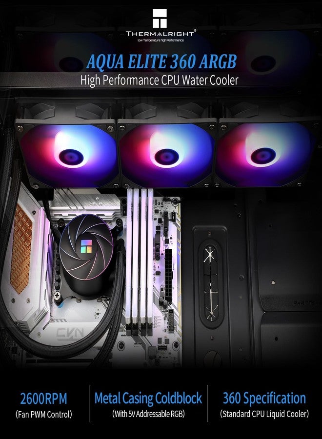 ثيرمالرايت مبرد المعالج Thermalright Aqua Elite 360 ARGB V4 AIO، تبريد سائل للمعالج 360 درجة، سرعة رأس المضخة تصل إلى 6400 دورة في الدقيقة، متوافق مع AM4/AM5، Intel LGA1851/1150/1151/1200/2011/1700، مشعاع عالي الأداء - Image 2