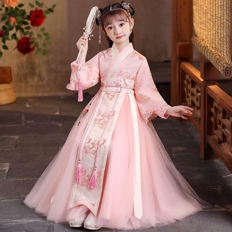 JUSTADIL Girl's Hanfu Dress, New Spring/Autumn Style Chinese Tang Suit, Fairy-like Princess Ancient Ruqun Dress, Traditional Chinese Costume for Kids(Waist rope+headwear+fan) (140) - Image 1
