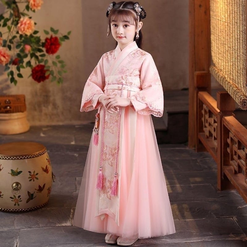 JUSTADIL Girl's Hanfu Dress, New Spring/Autumn Style Chinese Tang Suit, Fairy-like Princess Ancient Ruqun Dress, Traditional Chinese Costume for Kids(Waist rope+headwear+fan) (140) - Image 2