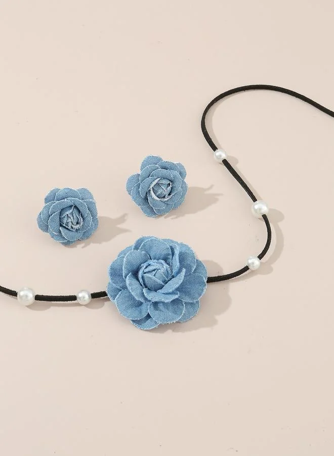 Take Two  Pack of 3 - Blue Denim Floral Chocker Necklace and Earrings for Women | Best Price UAE