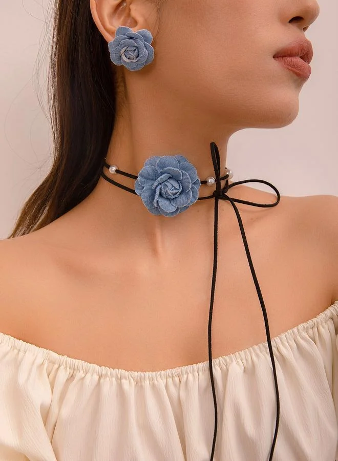 Pack of 3 - Blue Denim Floral Chocker Necklace and Earrings