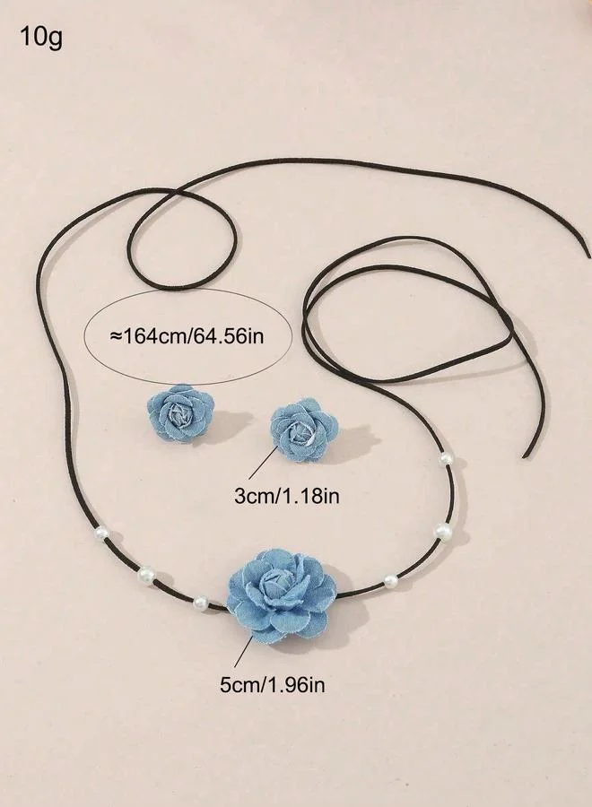 Take Two  Pack of 3 - Blue Denim Floral Chocker Necklace and Earrings for Women | Best Price UAE