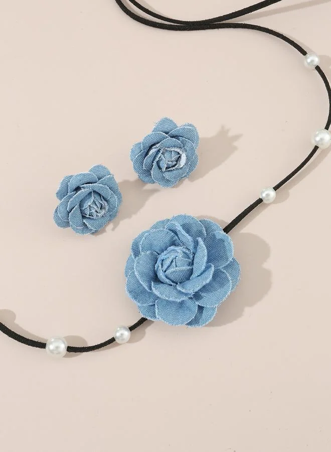Take Two  Pack of 3 - Blue Denim Floral Chocker Necklace and Earrings for Women | Best Price UAE