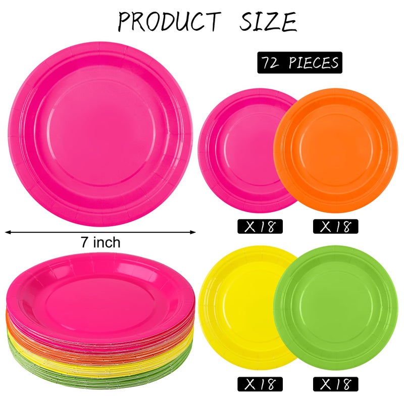 Kochorie 72 Pieces Neon Paper Plates 7 Inch Bulk Paper Plates Disposable Glow Party Tableware Heavy Duty Table Decors Neon Party Supplies for Birthday  Dinner  Wedding - Image 2
