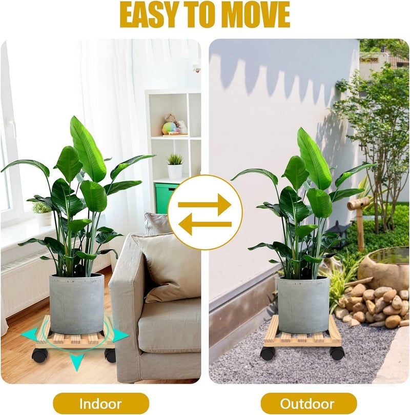 UGAOO Wooden Plant Stand with Wheels Set of 4 | Wooden Plant Stand for Living Room | Wooden Planter Stand with Wheel | Square Rolling Plant Caddy for Indoor Outdoor Pots – 10×10 Inch - Image 3