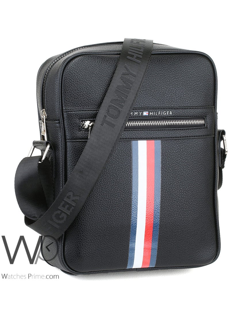 Tommy Hilfiger Plus Black Leather Tommy Hilfiger Flag Crossbody Messenger Mens Bag  - Image 4