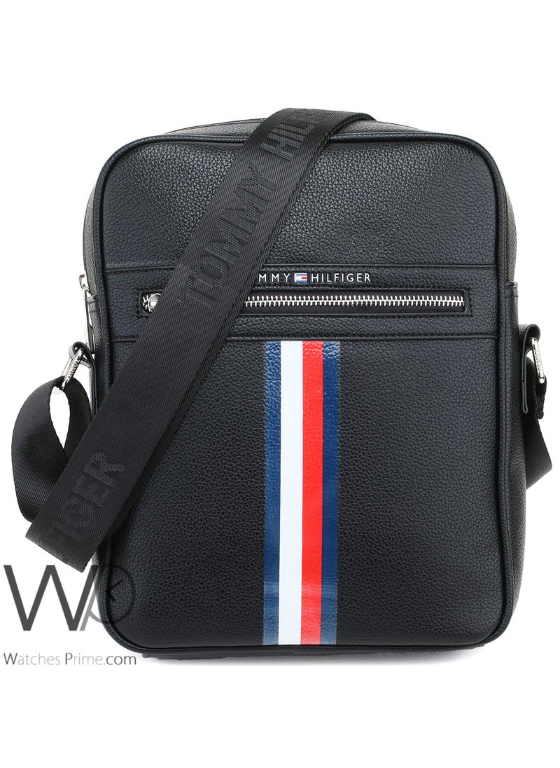 Tommy Hilfiger Plus Black Leather Tommy Hilfiger Flag Crossbody Messenger Mens Bag  - Image 1