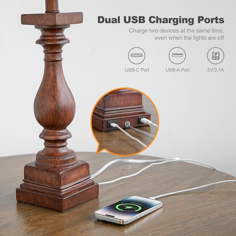 BOBOMOMO 27" Farmhouse Living Room Lamps with USB-A +C Ports, Vintage Rustic Bedside Night Stand Lamps Set of 2, Linen Shade, Retro Side Table Lamps for Living Room, Bedroom, Office, Home Decor - Image 3