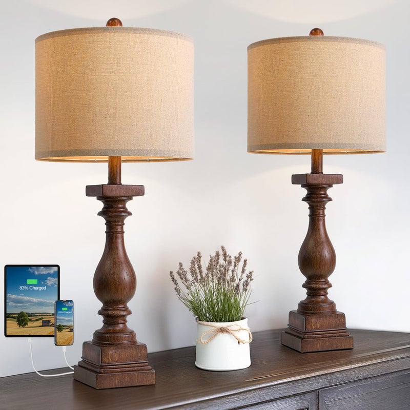 BOBOMOMO 27" Farmhouse Living Room Lamps with USB-A +C Ports, Vintage Rustic Bedside Night Stand Lamps Set of 2, Linen Shade, Retro Side Table Lamps for Living Room, Bedroom, Office, Home Decor - Image 1
