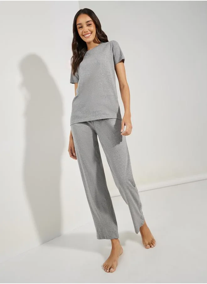 ستايلي Solid Cotton T-Shirt & Straight Pyjama Set