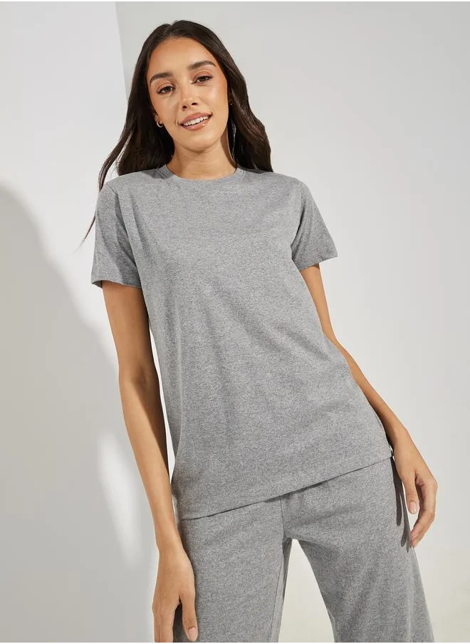 Styli Solid Cotton T-Shirt & Straight Pyjama Set