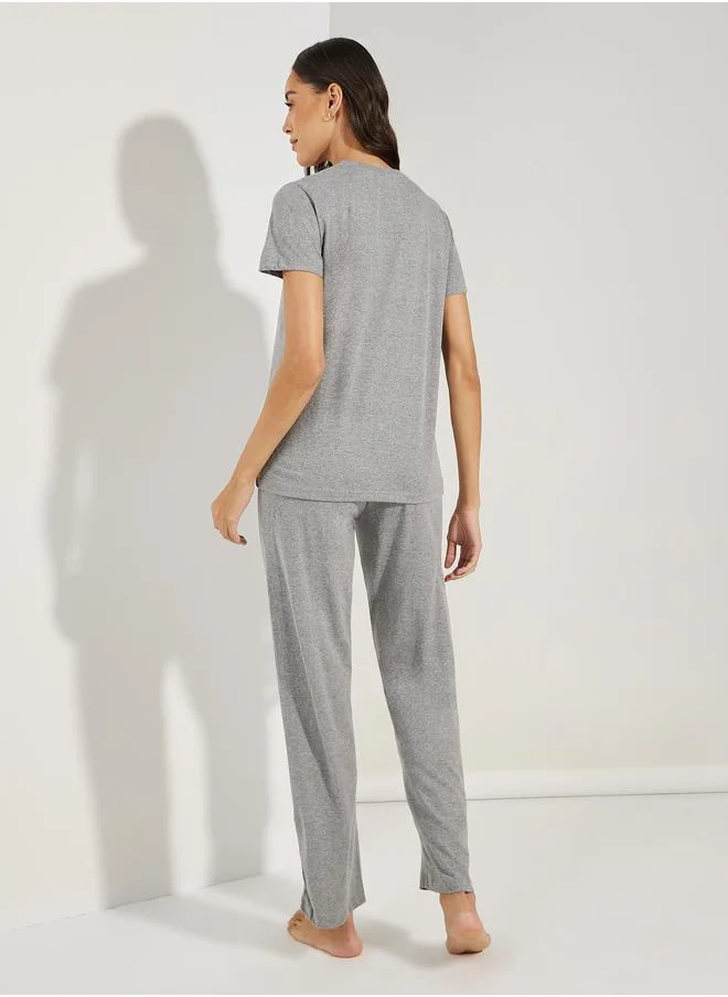 Styli Solid Cotton T-Shirt & Straight Pyjama Set