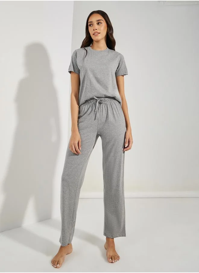 Styli Solid Cotton T-Shirt & Straight Pyjama Set