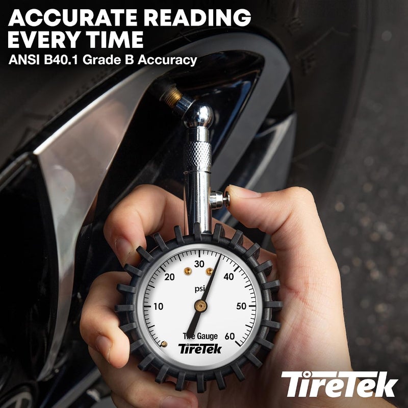 TireTek Tire Pressure Gauge 0-60 PSI - Tire Gauge for Car, SUV, Truck & Motorcycle - Heavy Duty Air Pressure Gauge ANSI Certified | Glow in the dark analog dial tire gauge, tire gauges for tire pressure, accurate & easy to read - Image 2