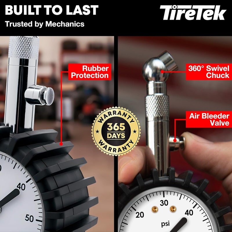 TireTek Tire Pressure Gauge 0-60 PSI - Tire Gauge for Car, SUV, Truck & Motorcycle - Heavy Duty Air Pressure Gauge ANSI Certified | Glow in the dark analog dial tire gauge, tire gauges for tire pressure, accurate & easy to read - Image 3