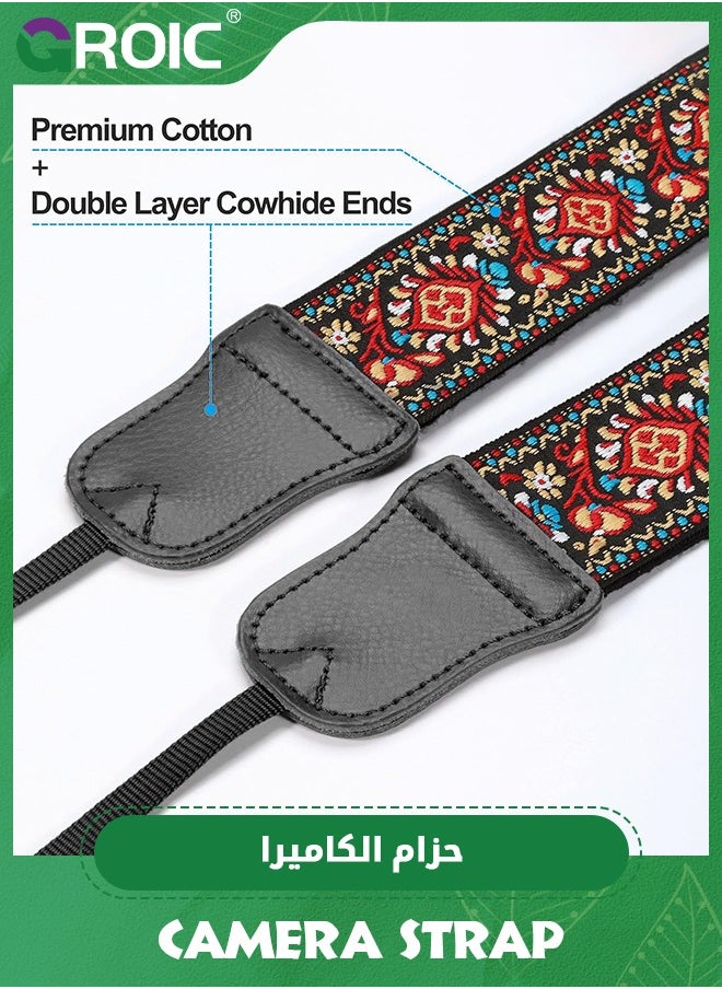 GROIC Red Vintage Embroidered Camera Strap, 2" Wide Cowhide Head Camera Straps, Pure Cotton Woven Adjustable Shoulder & Neck Strap for All DSLR Cameras, Great Gift for Men & Women Photographers  - Image 3