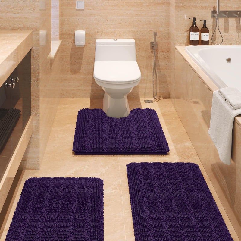 ACCUMTEK Striped Eggplant Purple Bathroom Rug Set 3 Pieces Ultra Soft, Non Slip Chenille Bath Carpet, Absorbent Plush Shaggy Bath Mats for Bathroom, Toilet, Bedroom, Kitchen - Image 1