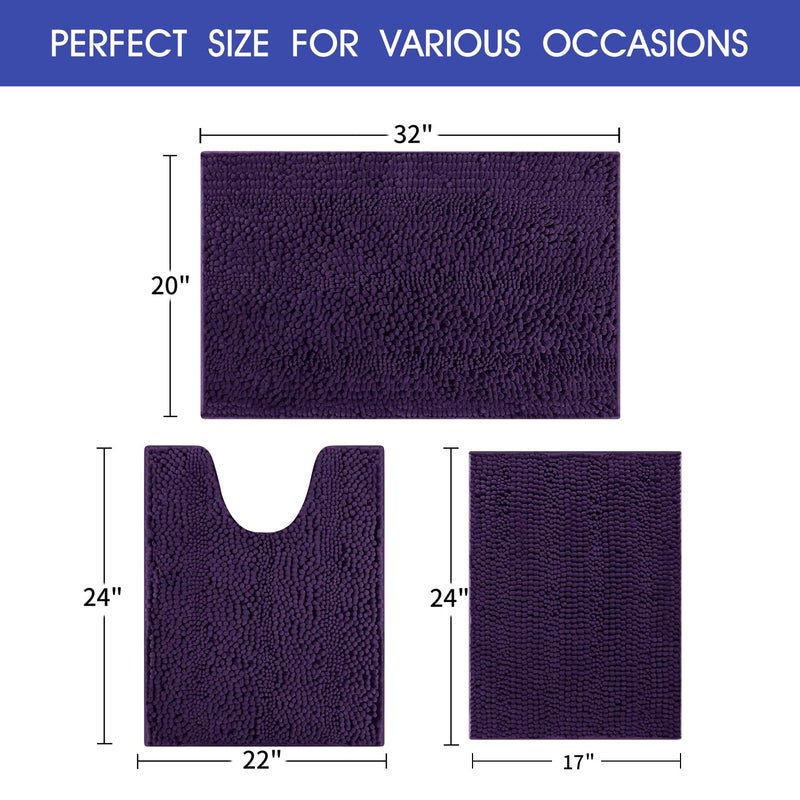 ACCUMTEK Striped Eggplant Purple Bathroom Rug Set 3 Pieces Ultra Soft, Non Slip Chenille Bath Carpet, Absorbent Plush Shaggy Bath Mats for Bathroom, Toilet, Bedroom, Kitchen - Image 5