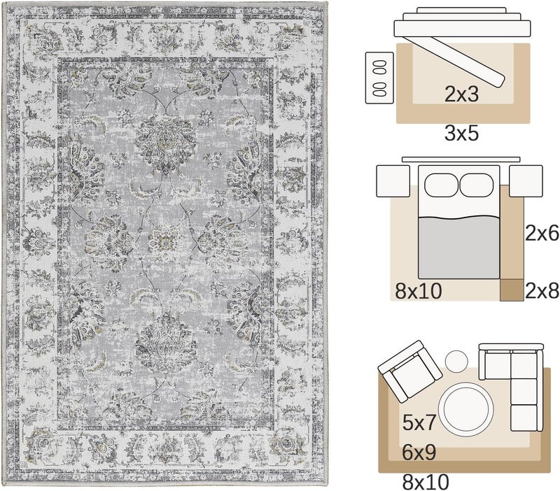 jinchan Area Rug 183x122CM Persian Vintage Carpet Chenille Indoor Thin Accent Grey Floral Print Mat Foldable Floor Cover Non Slip for Living Room Bedroom Dining Room - Image 2