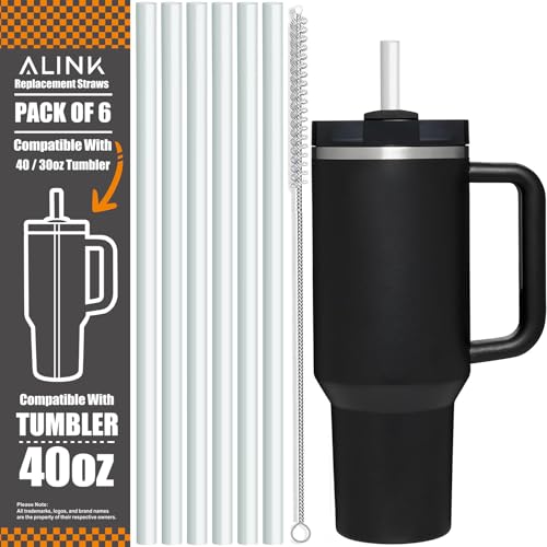 ALINK [DISHWASHER SAFE] 6 Pack Replacement Straws for Stanley 40 oz 30 oz Cup Tumbler, 12 inch Long Clear Reusable Plastic Straws with Brush for Stanley, Owala, Yeti Tumbler, BPA FREE - Image 1