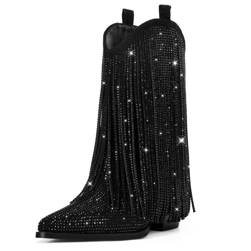 Ouepiano Black Cowboy Boots for Women - Black Cowgirl Rhinestone Boots with Sparkly Fringe Pointed Toe Western Boot Chunky Heel Pull-On Wide Calf Botas Vaqueras Size 8 - Image 1