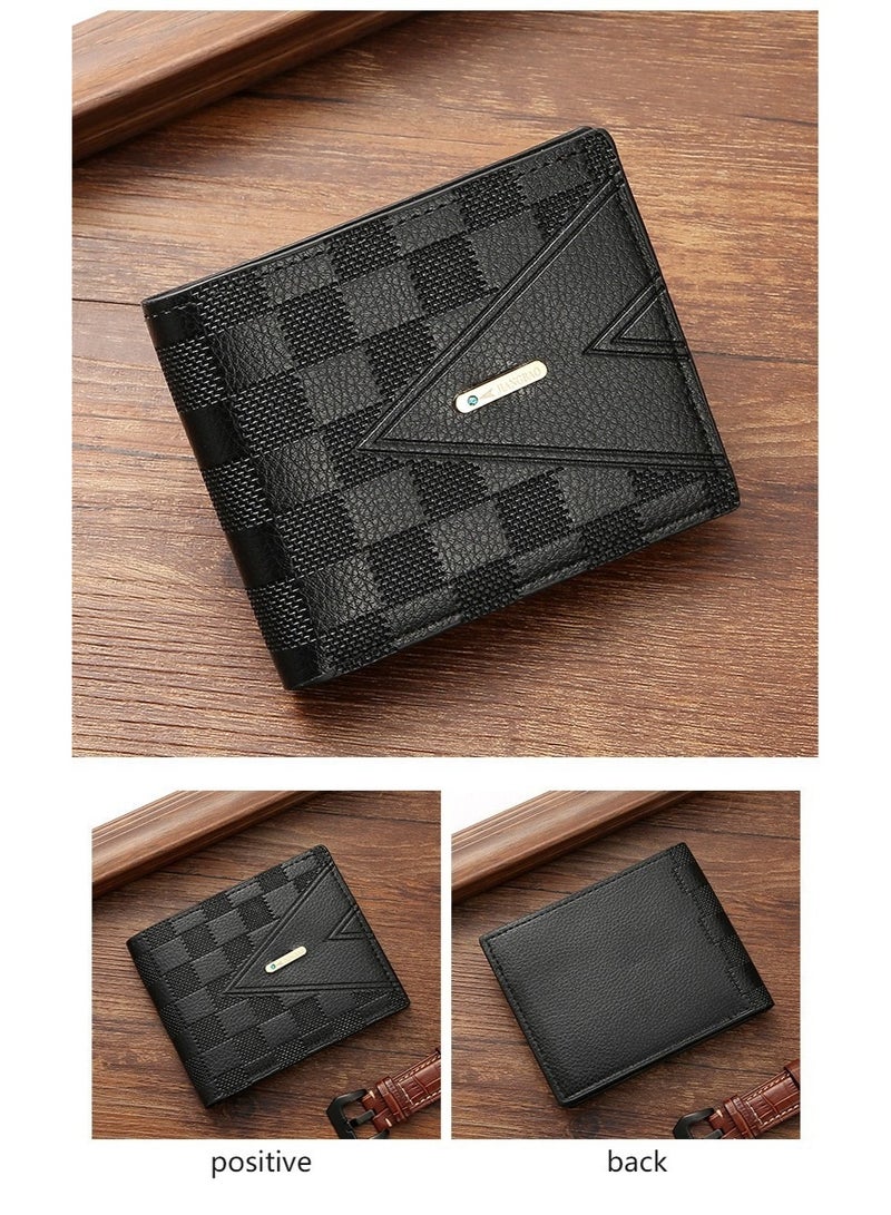 محفظة رجالية قصيرة ثنائية الطي - محفظة سوداء فاخرة لحمل بطاقات العمل للشباب، بتصميم أفقي رفيع، فتحات متعددة للبطاقات، محفظة جلدية خفيفة الوزن للرجال