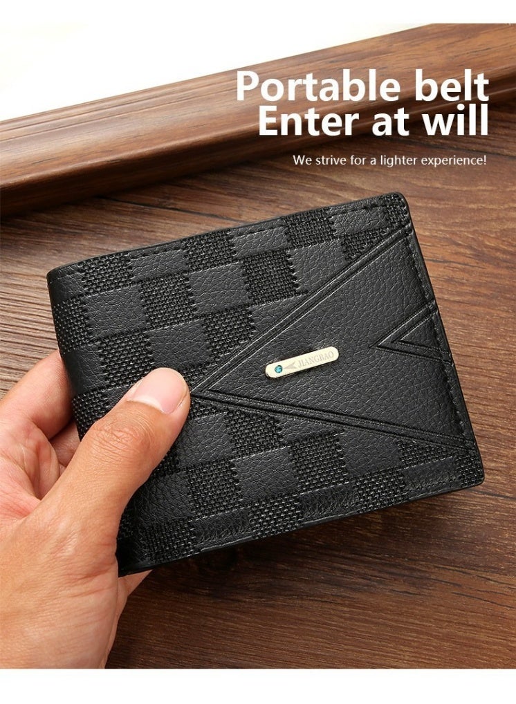 محفظة رجالية قصيرة ثنائية الطي - محفظة سوداء فاخرة لحمل بطاقات العمل للشباب، بتصميم أفقي رفيع، فتحات متعددة للبطاقات، محفظة جلدية خفيفة الوزن للرجال