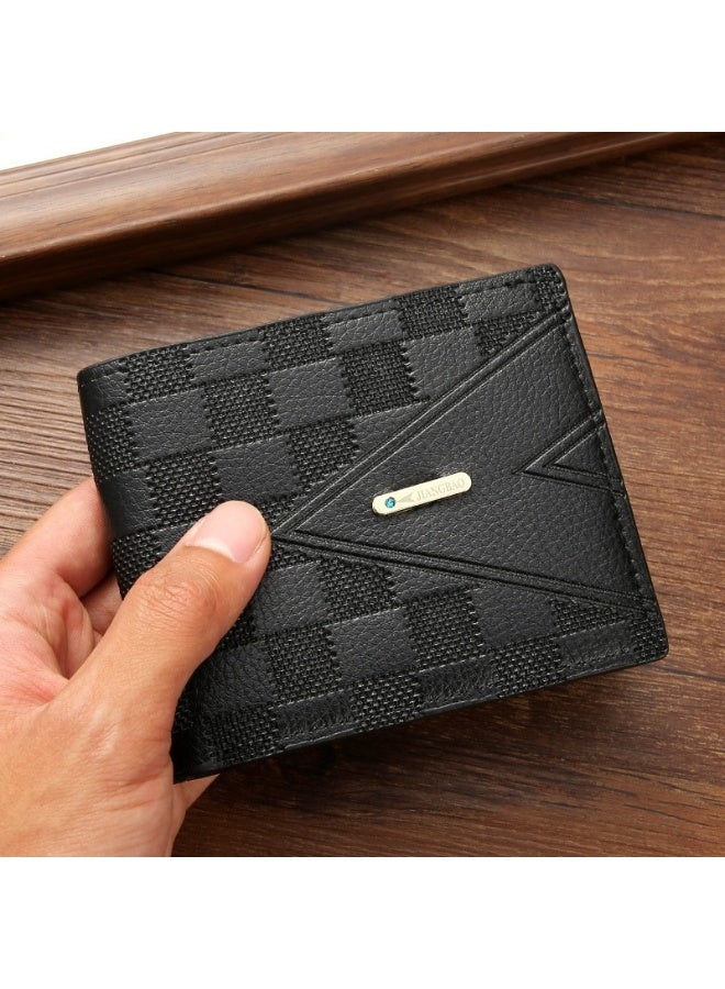 محفظة رجالية قصيرة ثنائية الطي - محفظة سوداء فاخرة لحمل بطاقات العمل للشباب، بتصميم أفقي رفيع، فتحات متعددة للبطاقات، محفظة جلدية خفيفة الوزن للرجال