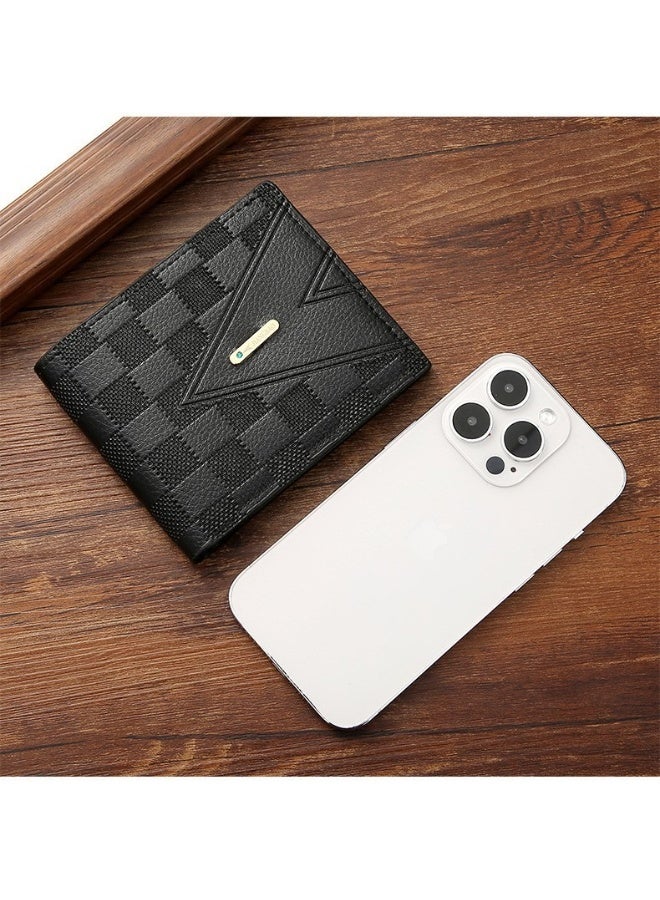 محفظة رجالية قصيرة ثنائية الطي - محفظة سوداء فاخرة لحمل بطاقات العمل للشباب، بتصميم أفقي رفيع، فتحات متعددة للبطاقات، محفظة جلدية خفيفة الوزن للرجال