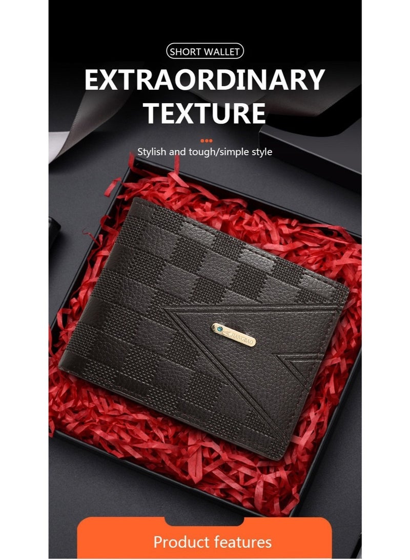 محفظة رجالية قصيرة ثنائية الطي - محفظة سوداء فاخرة لحمل بطاقات العمل للشباب، بتصميم أفقي رفيع، فتحات متعددة للبطاقات، محفظة جلدية خفيفة الوزن للرجال