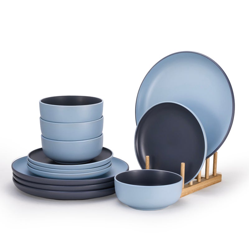 Shallow Nordic 12-Piece Dinner Set in Elegant Blue | 4 × 10.5” Dinner Plates, 4 × 7.5” Side Plates & 4 × 5.5” Deep Bowls - Image 1