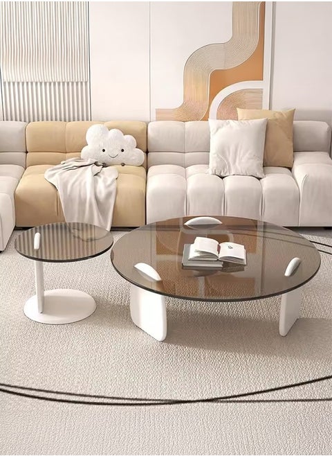 Round Glass Coffee Table Set of 2, Modern Circle Center Table with Wood Frame, Accent Nesting Coffee Tables for Living Room Small Spaces, 50+80CM, Tan