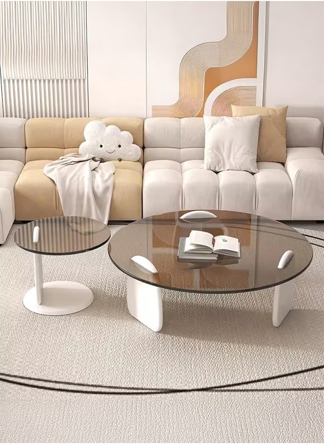 Round Glass Coffee Table Set of 2, Modern Circle Center Table with Wood Frame, Accent Nesting Coffee Tables for Living Room Small Spaces, 50+80CM, Tan