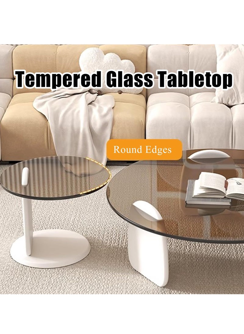 Round Glass Coffee Table Set of 2, Modern Circle Center Table with Wood Frame, Accent Nesting Coffee Tables for Living Room Small Spaces, 50+80CM, Tan