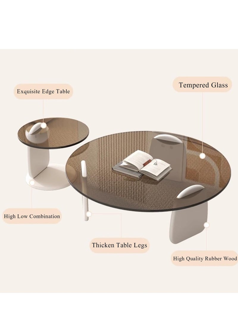 Round Glass Coffee Table Set of 2, Modern Circle Center Table with Wood Frame, Accent Nesting Coffee Tables for Living Room Small Spaces, 50+80CM, Tan