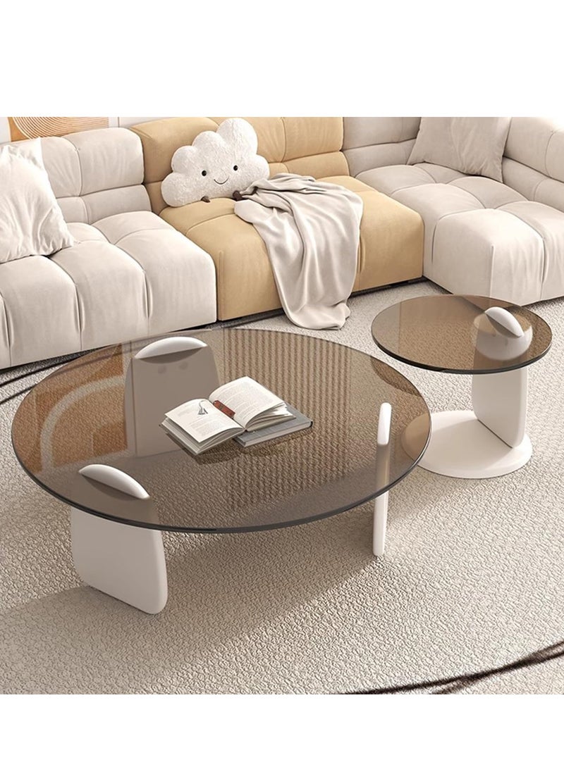 Round Glass Coffee Table Set of 2, Modern Circle Center Table with Wood Frame, Accent Nesting Coffee Tables for Living Room Small Spaces, 50+80CM, Tan