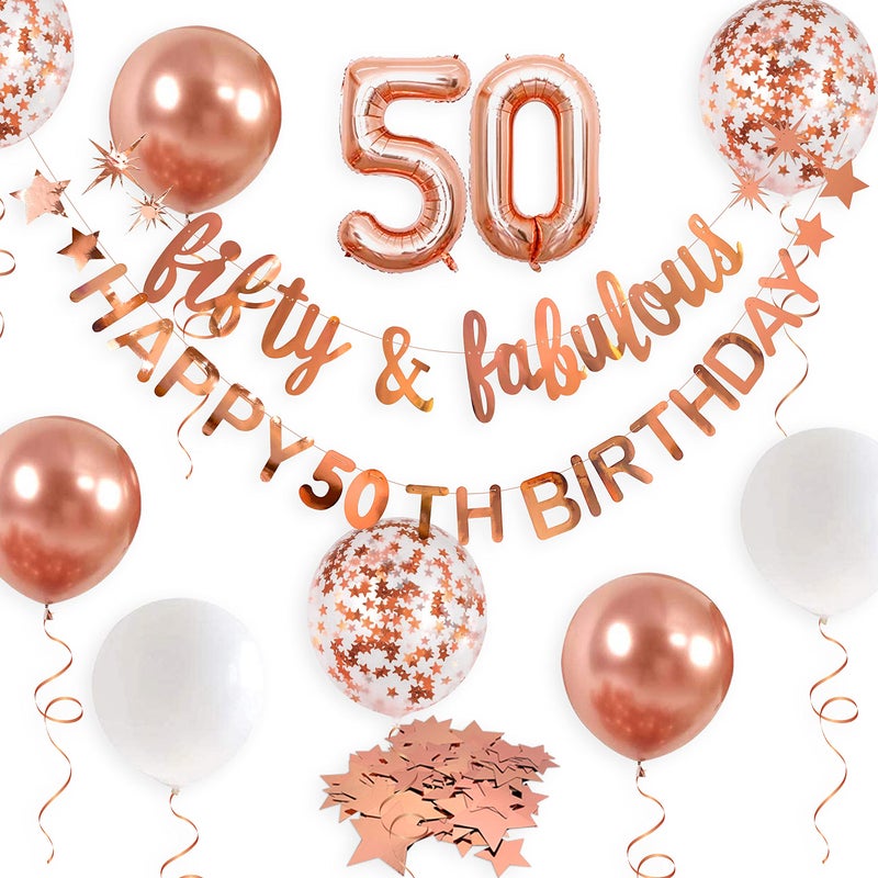 pinkblume Rose Gold Fifty & Fabulous Happy 50th Birthday Banner Garland Foil Balloon 50 for Womens 50th Birthday Decorations Hanging 50 and Fabulous Cheers to 50 Years Old Birthday Party Supplies Backdrop - Image 1