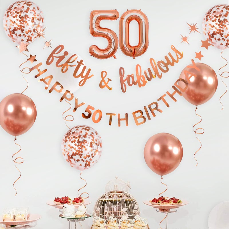 pinkblume Rose Gold Fifty & Fabulous Happy 50th Birthday Banner Garland Foil Balloon 50 for Womens 50th Birthday Decorations Hanging 50 and Fabulous Cheers to 50 Years Old Birthday Party Supplies Backdrop - Image 4
