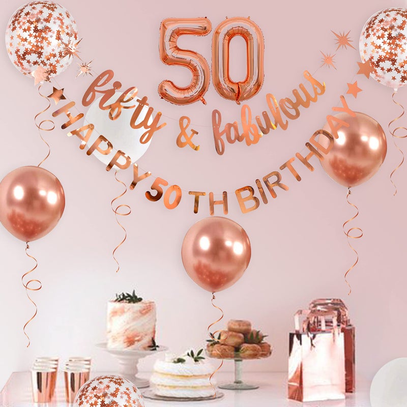 pinkblume Rose Gold Fifty & Fabulous Happy 50th Birthday Banner Garland Foil Balloon 50 for Womens 50th Birthday Decorations Hanging 50 and Fabulous Cheers to 50 Years Old Birthday Party Supplies Backdrop - Image 5