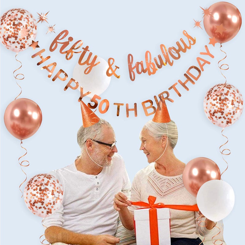 pinkblume Rose Gold Fifty & Fabulous Happy 50th Birthday Banner Garland Foil Balloon 50 for Womens 50th Birthday Decorations Hanging 50 and Fabulous Cheers to 50 Years Old Birthday Party Supplies Backdrop - Image 3