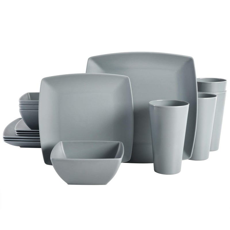 Gibson Home Soho Grayson Square Melamine Plastic Dinnerware Set Service for Four 16pcs Grey